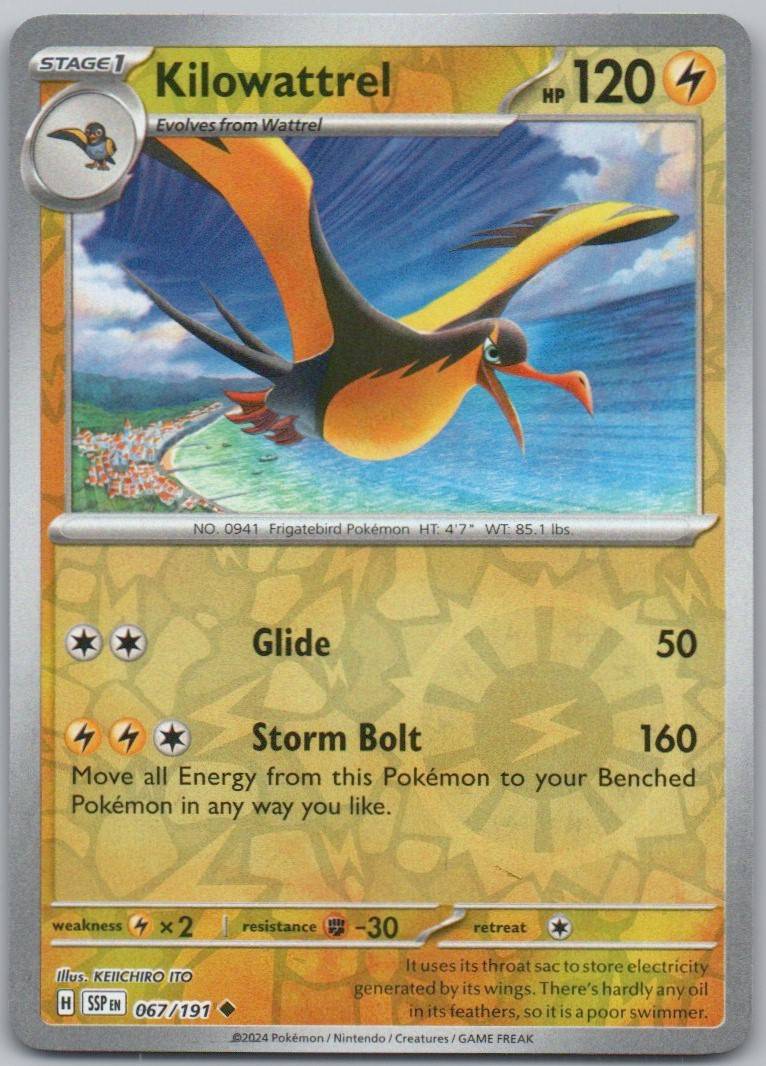 Kilowattrel 067 Reverse Holo Lightning Card - Surging Sparks