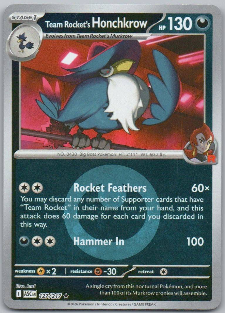 Team Rocket's Honchkrow 127 Energy Holo Darkness Card - Ascended Heroes