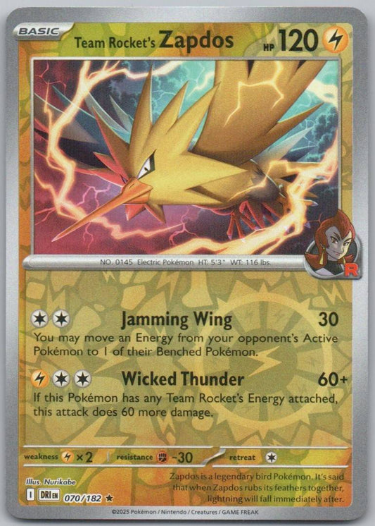 Team Rocket's Zapdos 070 Reverse Holo Lightning Card - Destined Rivals