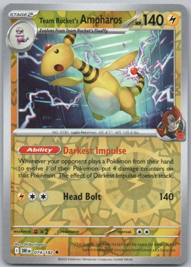 Team Rocket's Ampharos 074 Reverse Holo Lightning Card - Destined Rivals