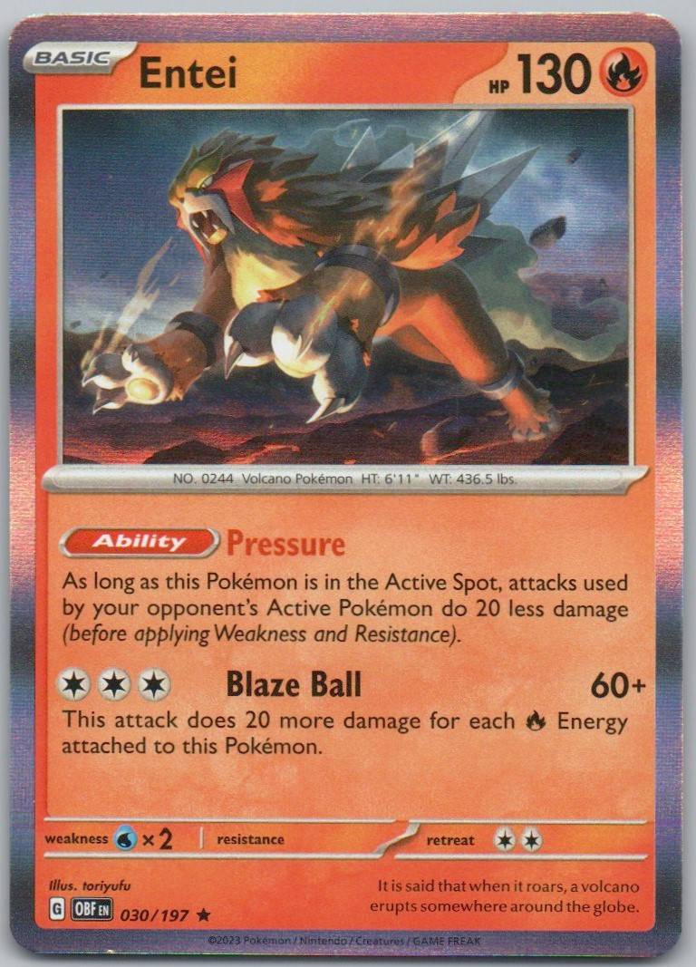 Entei 030 Holo Fire Card - Obsidian Flames