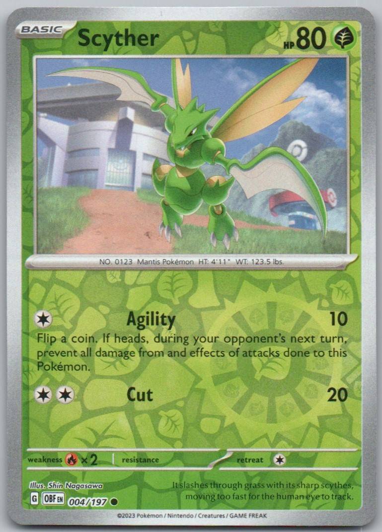 Scyther 004 Reverse Holo Grass Card - Obsidian Flames