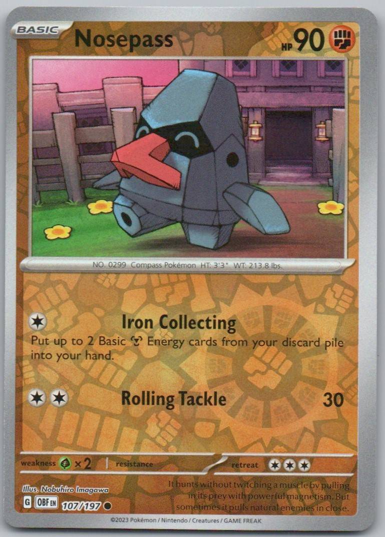 Nosepass 107 Reverse Holo Fighting Card - Obsidian Flames