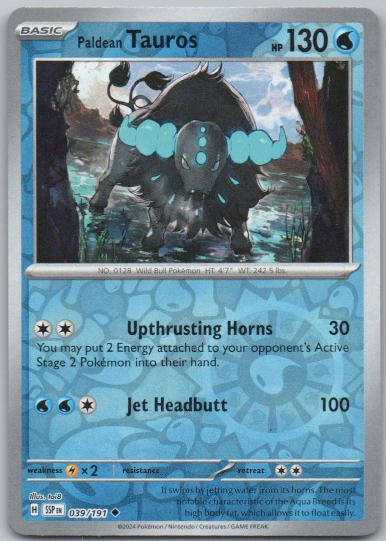 Paldean Tauros 039 Reverse Holo Water Card - Surging Sparks