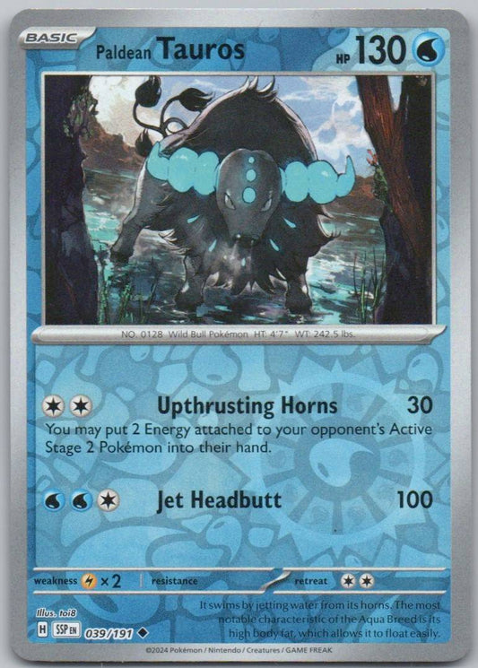 Paldean Tauros 039 Reverse Holo Water Card - Surging Sparks
