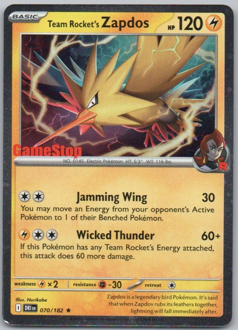 Team Rocket's Zapdos 070 NOR Card - Destined Rivals
